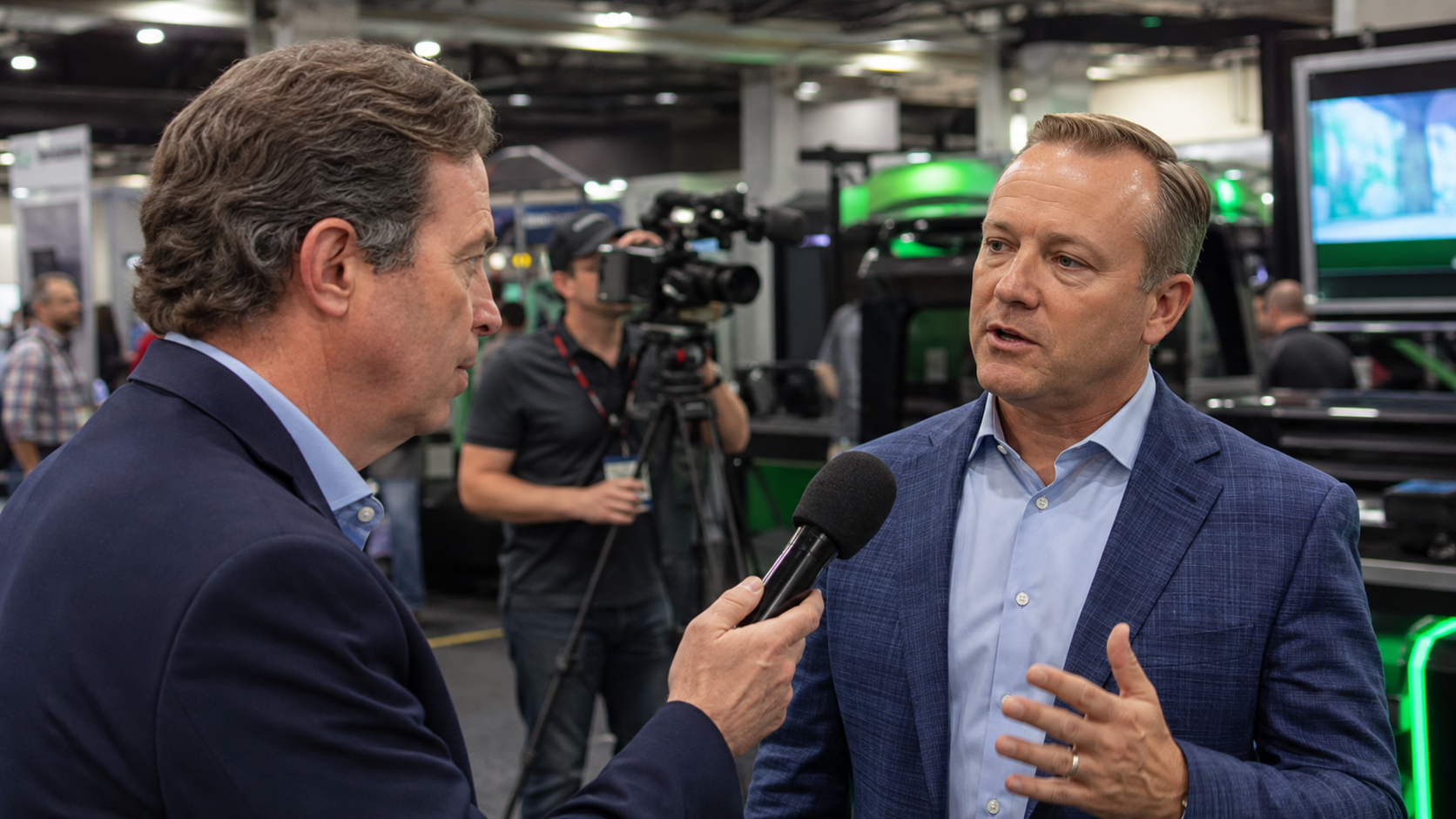 Peter interviewing an automotive executive on a convention show floor.
