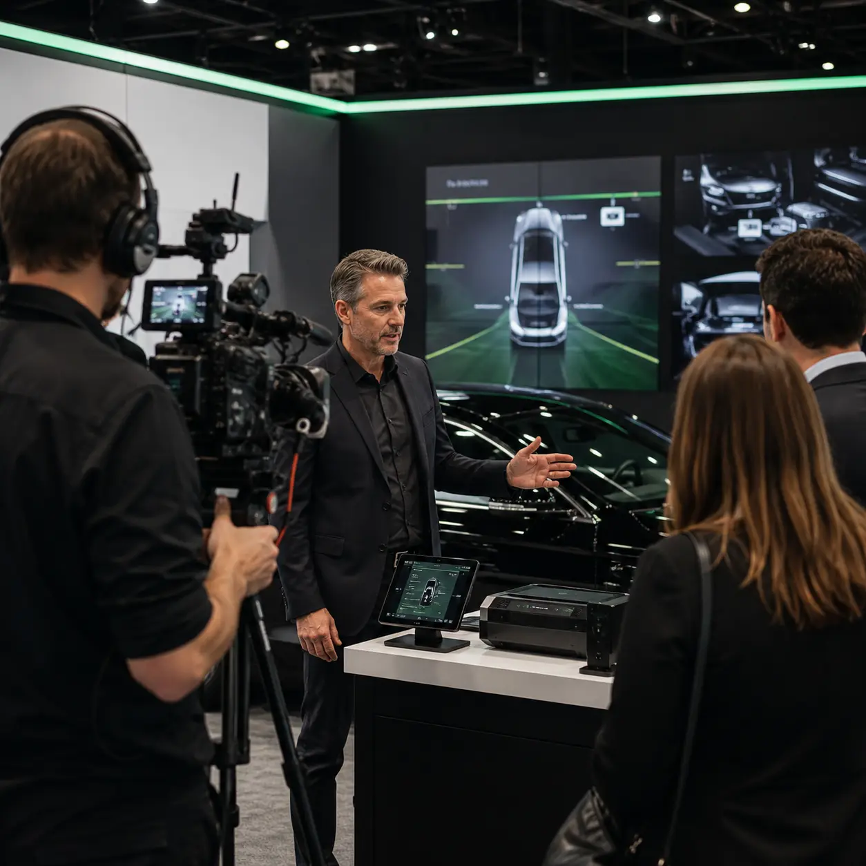 Production crew filming a product demonstration at an automotive exhibit