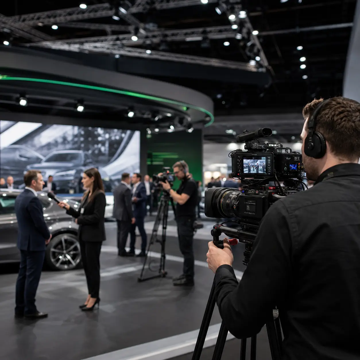 Professional production team covering interviews and activity across an automotive convention