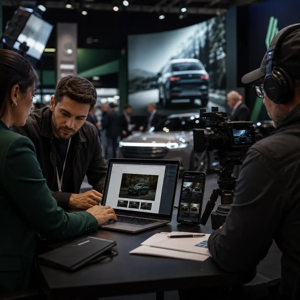 Media team coordinating video, email and social content at an automotive event