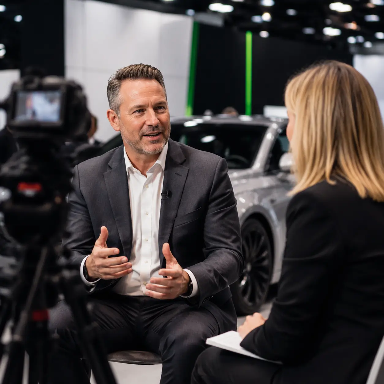 Dealership professional recording a customer testimonial at an automotive event