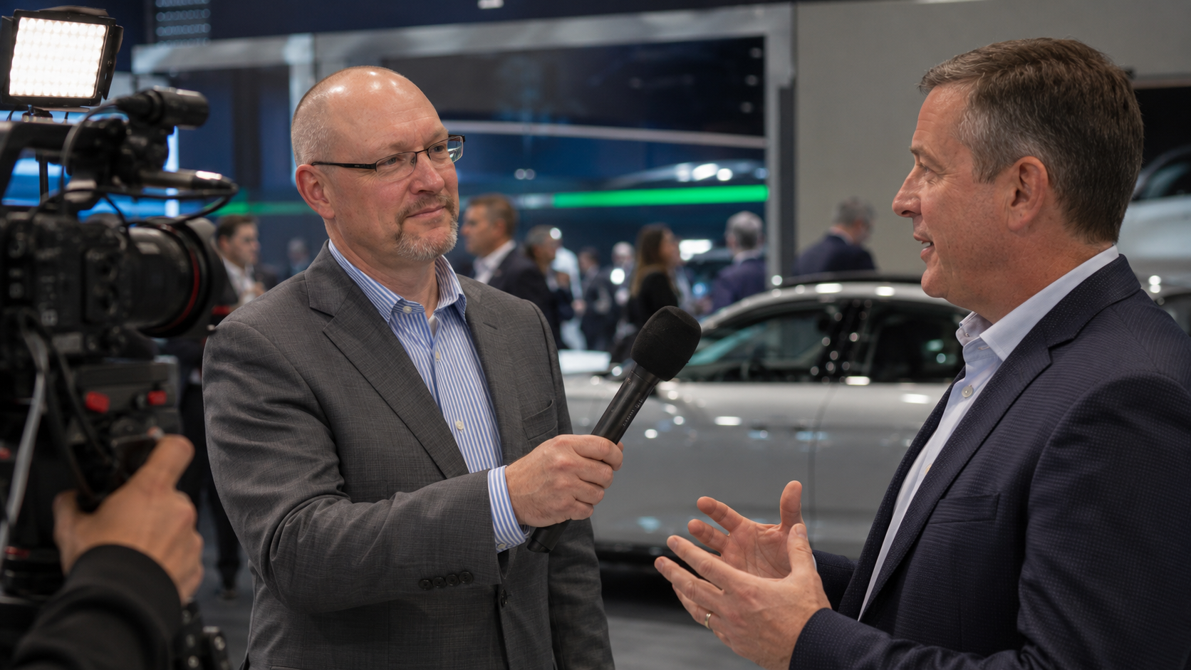 Ian recording an automotive customer interview with a professional production camera.