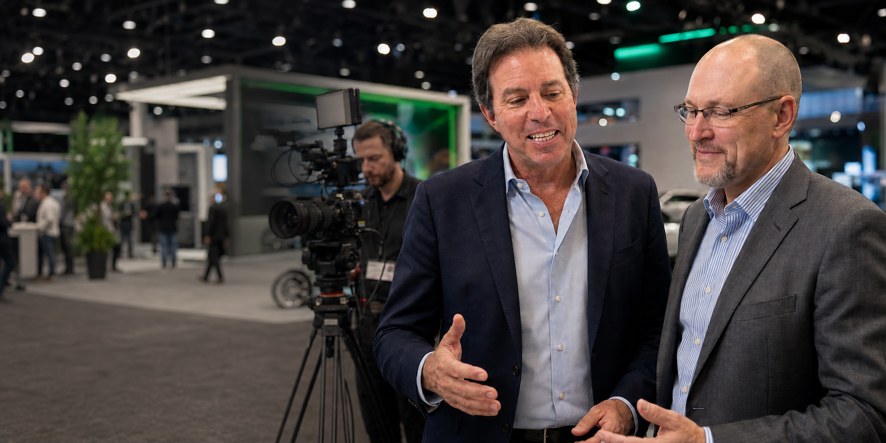 Peter and Ian working with a professional video production team at an automotive convention.