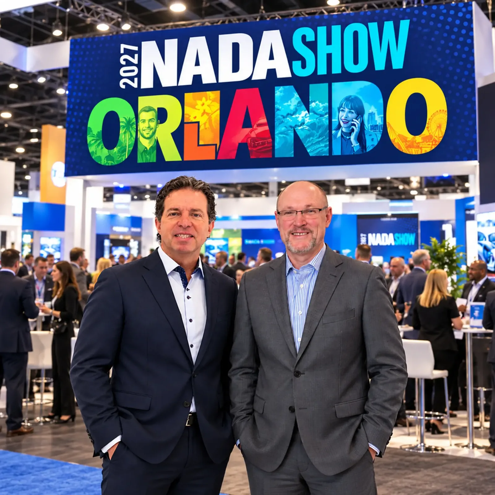 Two Auto Hub Show Media team members in front of the NADA Show 2027 Orlando booth on the convention floor