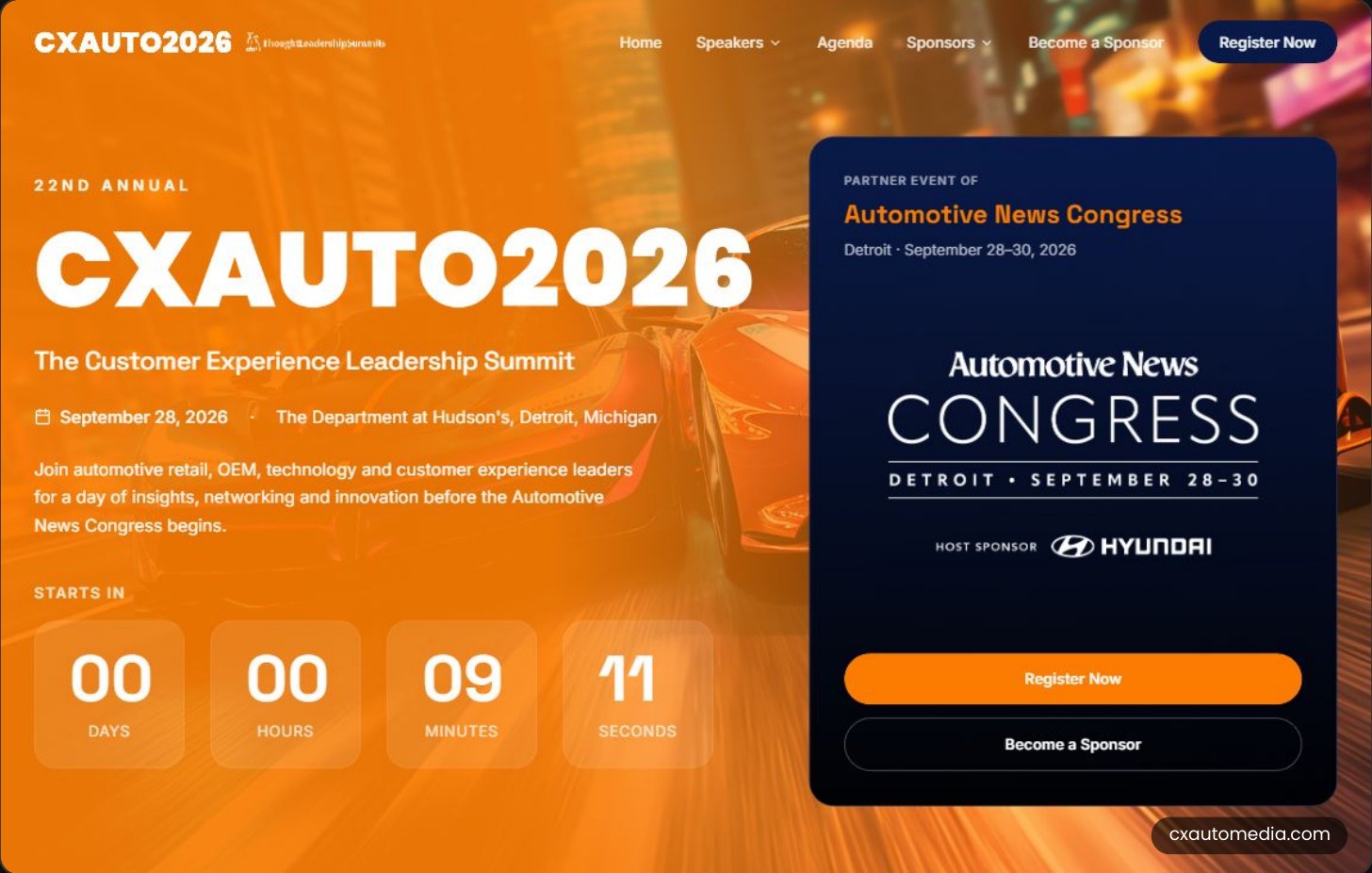 The CXAUTO2026 event website homepage with countdown and Automotive News Congress partner panel